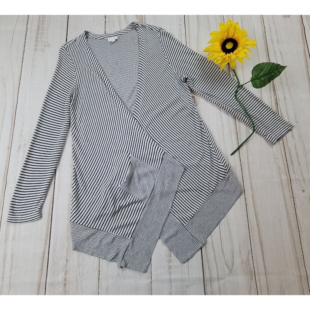 J. Jill Open Front Blue Striped Size M Knit Hi Lo Cardigan Sweater Pockets